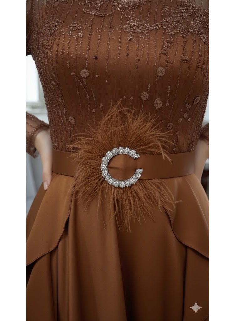 FULL JOY Elegant Maxi Dress with Sheer Lace Bodice, Long Sleeves And Waist Belt,Fashion Dress. - Image 5